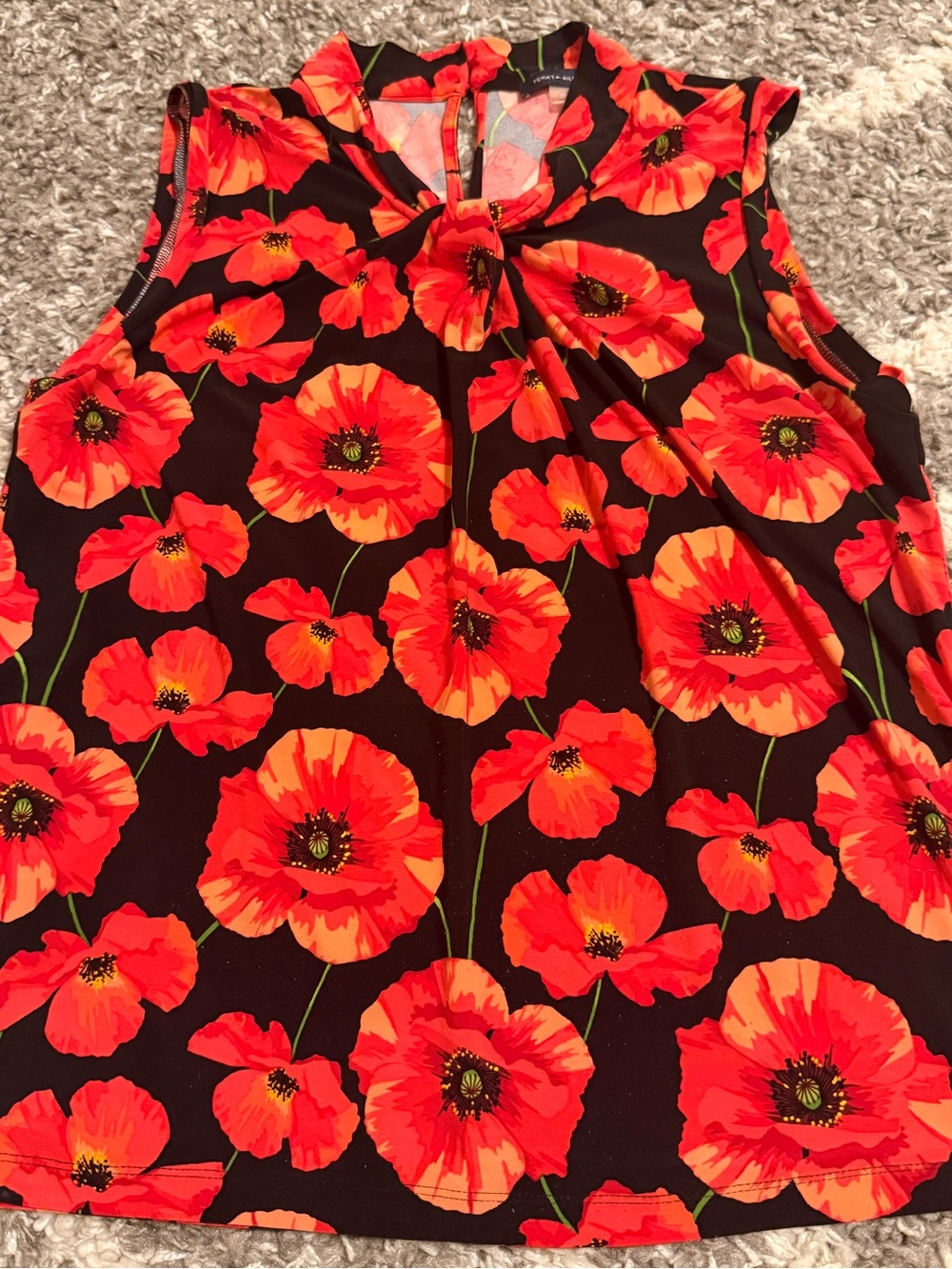 Nine West Black Sleeveless Poppy Print Tie-Neck Camisole